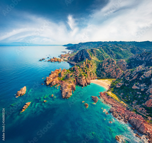 Aerial summer view of Costa Paradiso, Sardinia island, Italy, Europe. Gorgeous morning scene of Li Cossi beach. Wonderful Mediterranean seascape. Beauty of nature concept background. photo