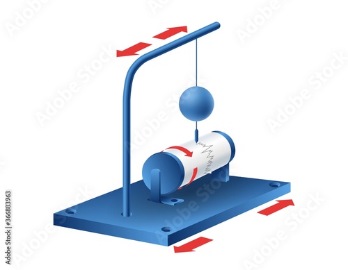 Seismograph recording ground motion during earthquake. Seismology research data instrument on isolated white background. How seismograph works in realistic isometric style. Vector stock illustration.