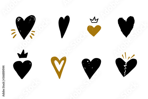 Hand drawn heart logo, golden crown. Paint handdrawn transparent love hearts shape. Romantic illustrated logo, freehand isolated elements for wedding invitation design. Black pencil valentine's day