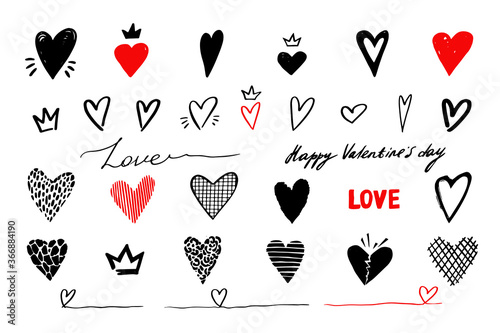 Hand drawn heart, crown, love sign. Black paint handdrawn transparent hearts shape. Romantic outline illustrated logo, freehand isolated elements ror wedding invitation design. Pencil valentine's day
