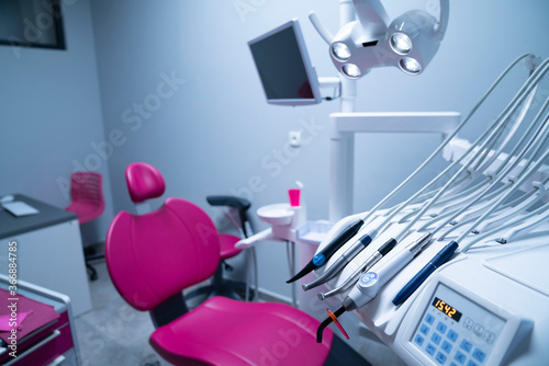 Dentist’s office. Close up  of modern dentists office equipment.
