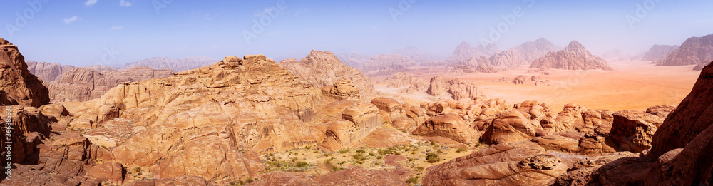 panorama of the Wadi Rum desert in Jordan as seen from Burdah Rock Mountain.