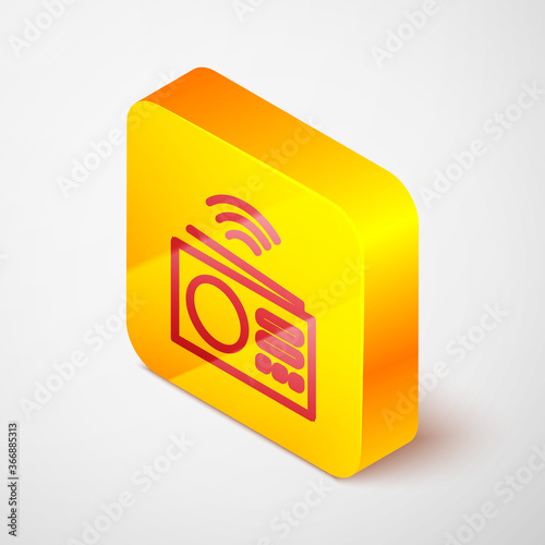 Isometric line Smart radio system icon isolated on grey background. Internet of things concept with wireless connection. Yellow square button. Vector.