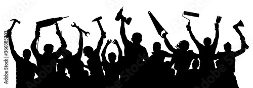 Construction team. Crowd of builders with construction tools in their hands. Installation and construction works. Turnkey finishing works. Vector silhouette