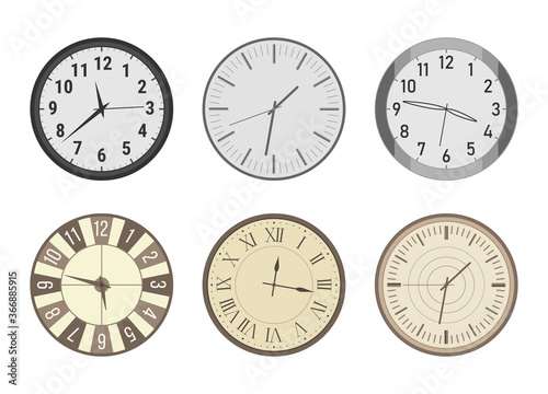 Set of modern and vintage clocks. Isolated vector illustration icons. Office and home flat clocks.