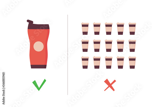 Reusable coffee cup vs single use cup. Takeaway mug and tumbler on zero waste poster. Eco concept. Vector illustration in flat style on white background.