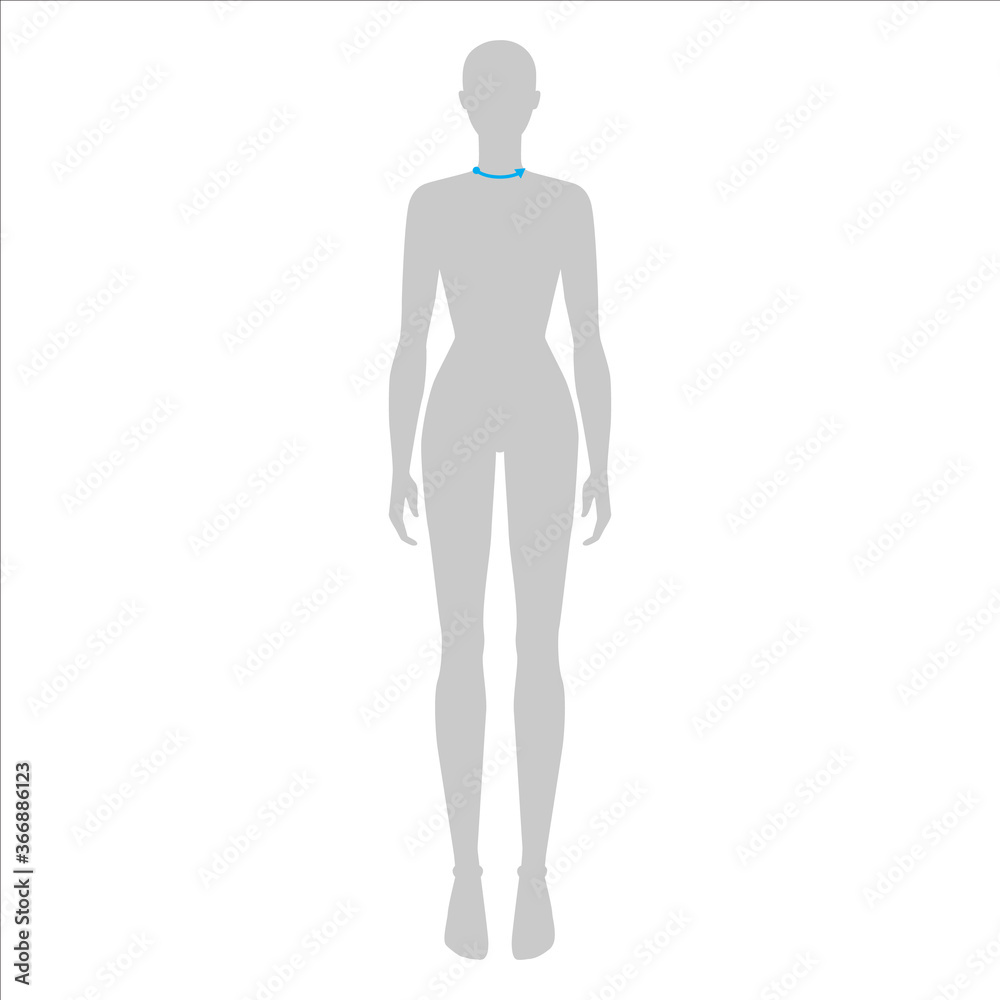 Women to do neck size measurement fashion Illustration for size chart. 7.5 head size girl for site or online shop. Human body infographic template for clothes. Women to do neck size measurement fashion Illustration for size chart. 7.5 head size girl for site or online shop. Human body infographic template for clothes.