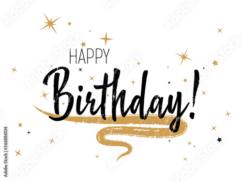 Ink Happy Birthday lettering, greeting card calligraphic design with gold star sparkles.