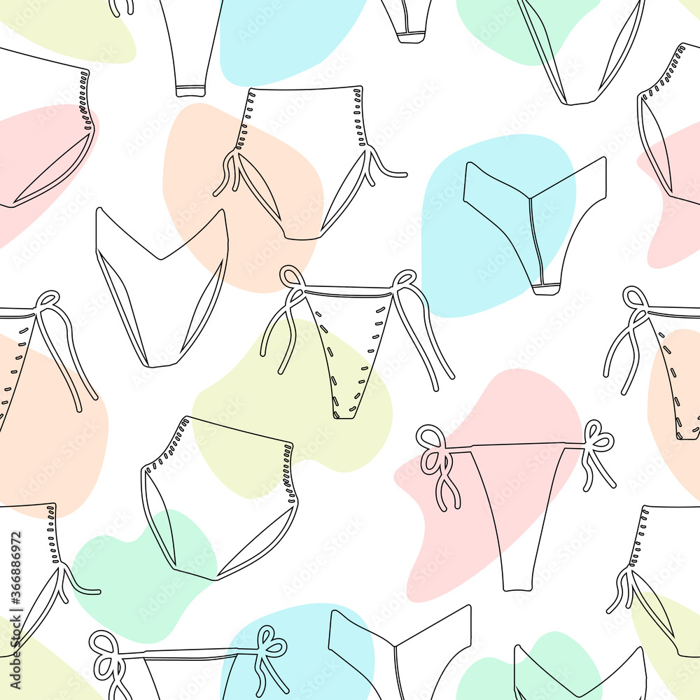 Underpants seamless pattern in doodle style with abstract shape. Summertime  underwear . Cute penties for woman, girl, lady. Feminine fashion set of  lingerie. Design for gift paper, card or banner. Stock Vector