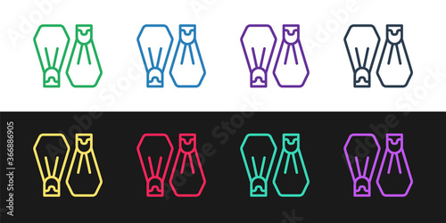 Set line Rubber flippers for swimming icon isolated on black and white background. Diving equipment. Extreme sport. Sport equipment. Vector.