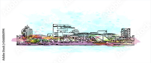 Building view with landmark of Abidjan is a city on the southern Atlantic coast of Cote d'Ivoire, in West Africa. Watercolor splash with hand drawn sketch illustration in vector.