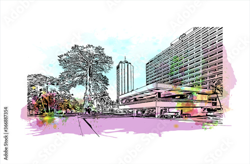 Building view with landmark of Abidjan is a city on the southern Atlantic coast of Cote d'Ivoire, in West Africa. Watercolor splash with hand drawn sketch illustration in vector.