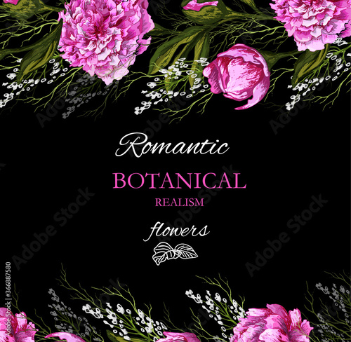 ashionable text background,, realistic flowers (peonies). greeting card in the style of realism. summer background for holidays, invitation cards, vector illustration.