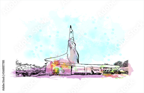 Building view with landmark of Abidjan is a city on the southern Atlantic coast of Cote d'Ivoire, in West Africa. Watercolor splash with hand drawn sketch illustration in vector. photo