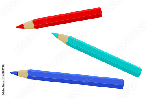 Pencil isolated on white background. Three realistic colored pencil sharpened. Colored crayons set loosely arranged. Wooden pencils  for drawing or write icon. Back to School.Stock vector illustration