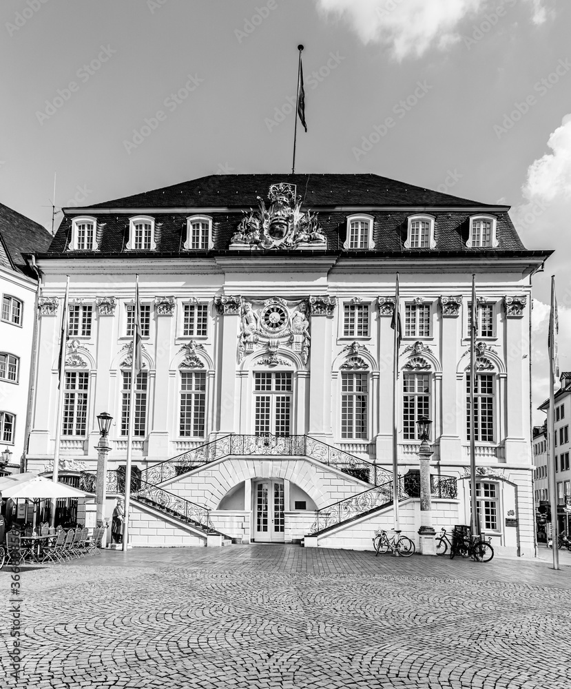 The decorate facade of the Old Town Hall building completed in Rococo style around 1780 in Market Square in Bonn, North Rhine Westphalia, Germany