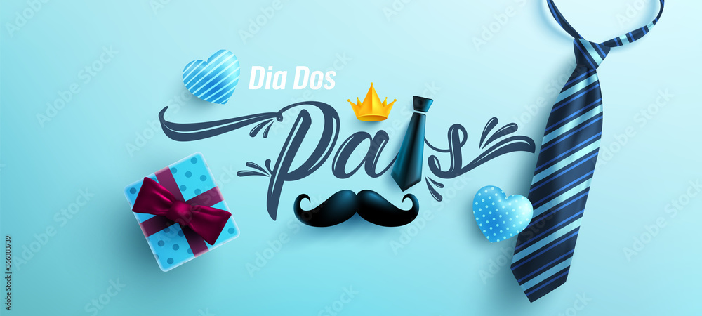 Dia Dos Pais.Father's Day in portuguese language with necktie and gift box on blue background.Greetings and presents for Father's Day in flat lay styling.Promotion and shopping template for love dad - obrazy, fototapety, plakaty 