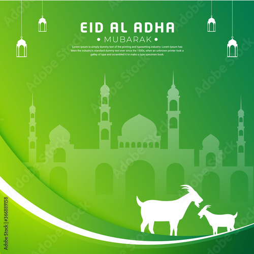 Celebration Eid al adha mubarak islamic design with green gradient background, mosque, goat and latern . Mubarak Islamic background