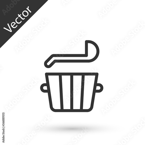 Grey line Sauna bucket and ladle icon isolated on white background. Vector.
