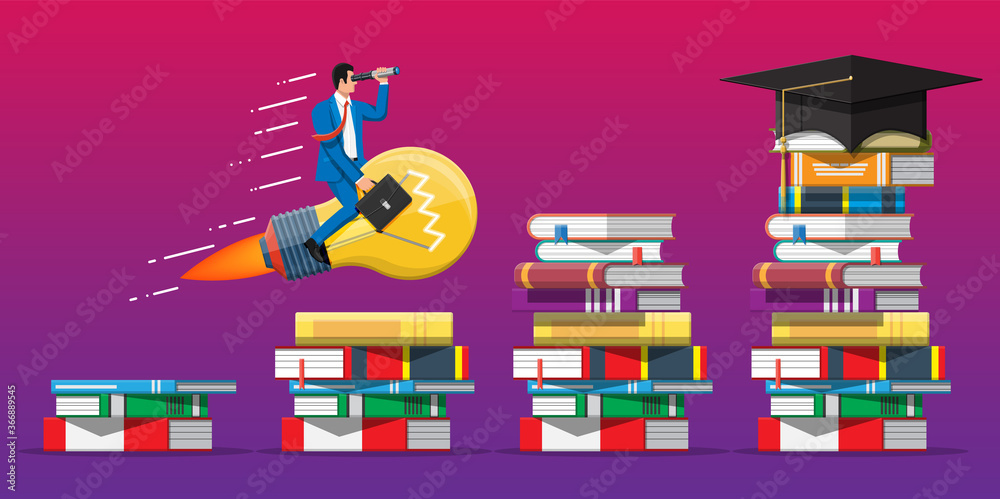 Businessman flying on big idea bulb on stack of books. Business man with briefcase. Education and study. Business success, triumph goal or achievement. Winning of competition. Flat vector illustration Businessman flying on big idea bulb on stack of books. Business man with briefcase. Education and study. Business success, triumph goal or achievement. Winning of competition. Flat vector illustration