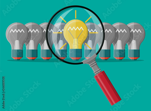 Bright light idea bulb under magnifying glass. Uniqueness, individuality, differently standing out from crowd. Creativity, ideas, inspiration, motivation. Business startup. Flat vector illustration