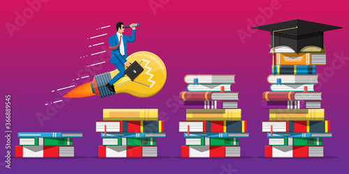 Businessman flying on big idea bulb on stack of books. Business man with briefcase. Education and study. Business success, triumph goal or achievement. Winning of competition. Flat vector illustration