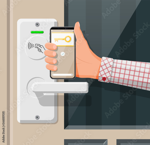 Electronic lock security device at office or home door. Hand with smartphone with id card application. Access control machine, time attendance. Proximity card reader. Flat vector illustration