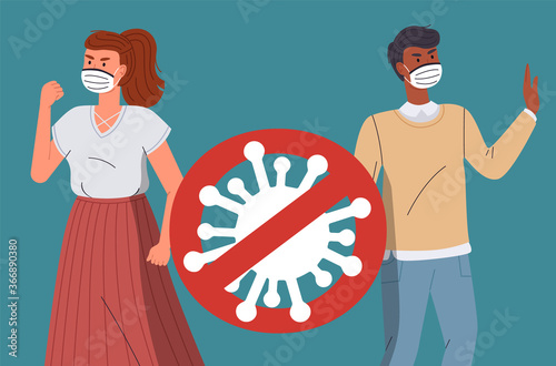 Woman and black man in protective medical face masks. Characters protesting against the spread of viral diseases. People wearing protection from virus at the background of stop sign. Pandemic concept