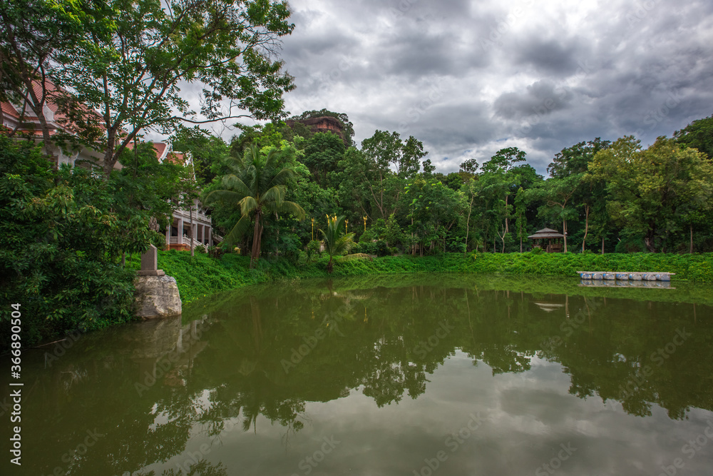 The background of a large pagoda in Wat Phuiyakhiri (Wat Phu Tok) in Bueng Kan province, Thailand, is a natural tourist attraction on high mountains and can see panoramic views all around.