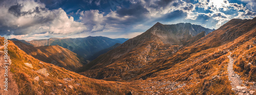 Mountain landscape. Hiking fagaras mountains in Romania. Carpathians, Transilvania, Romania, Europe. Transfagarasan road. Panorama