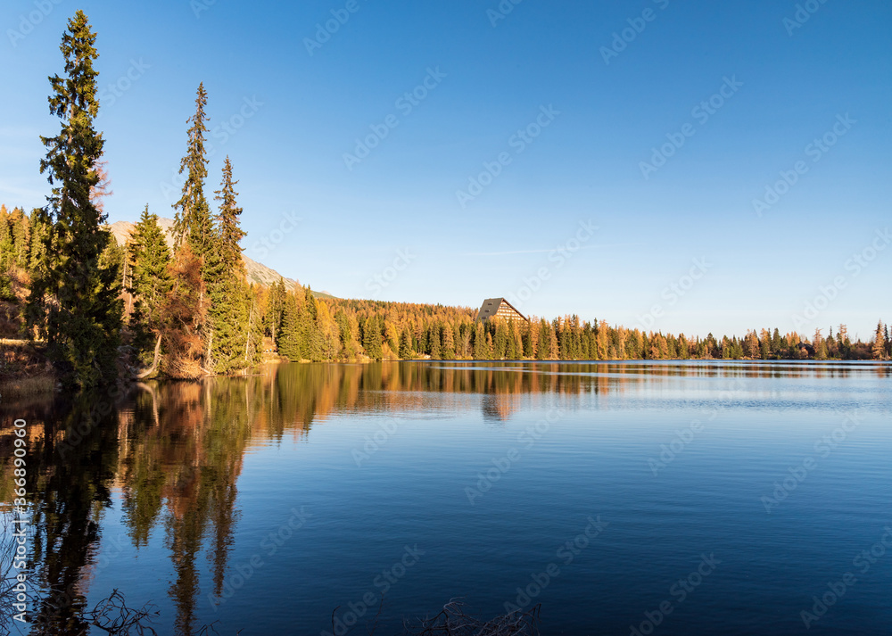 Fototapeta premium Strbske pleso lake in autumn Vysoke Tatry mountains in Slovakia