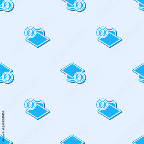 Blue line Graduation cap and coin icon isolated seamless pattern on grey background. Education and money. Concept of scholarship cost or loan, tuition or study fee. Vector..