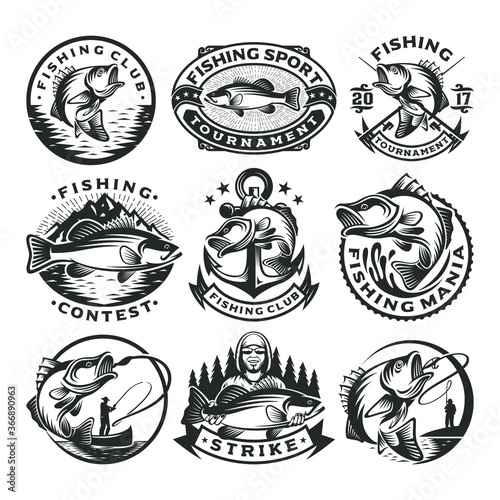 Set of vintage fishing labels, badges and design elements