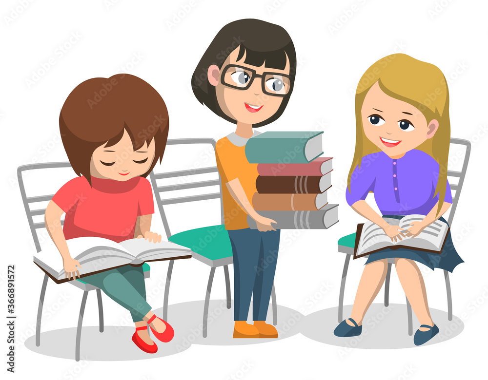 Education of kids vector, isolated children with books reading and learning new material for lesson. Back to school concept classmates girls sitting bench talking and helping each other. Flat cartoon Education of kids vector, isolated children with books reading and learning new material for lesson. Back to school concept classmates girls sitting bench talking and helping each other. Flat cartoon