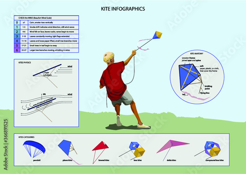 Set of Kites Info-graphic Elements. Boy with Kite and Information Graphics