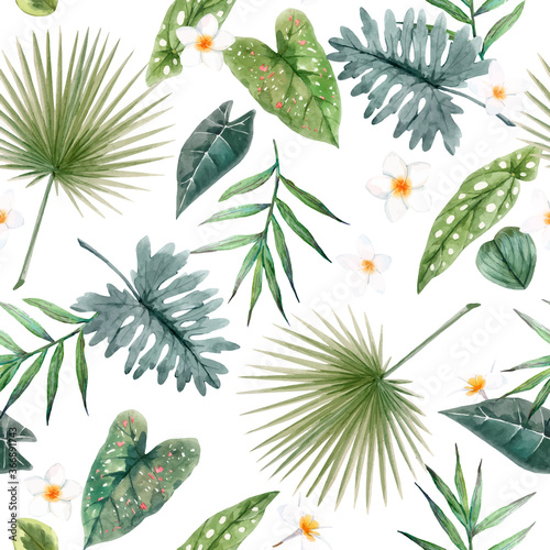 Fototapeta Naklejka Na Ścianę i Meble -  Beautiful vector seamless pattern with watercolor tropical leaves and flowers. Stock illustration