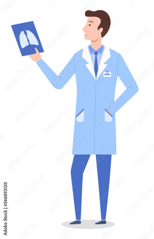 Male radiologist doctor wearing medical scrubs uniform, working in the hospital. Doctor holds scan image of lungs. Medical specialist in uniform with x-ray scan. Flat image isolated on white Male radiologist doctor wearing medical scrubs uniform, working in the hospital. Doctor holds scan image of lungs. Medical specialist in uniform with x-ray scan. Flat image isolated on white