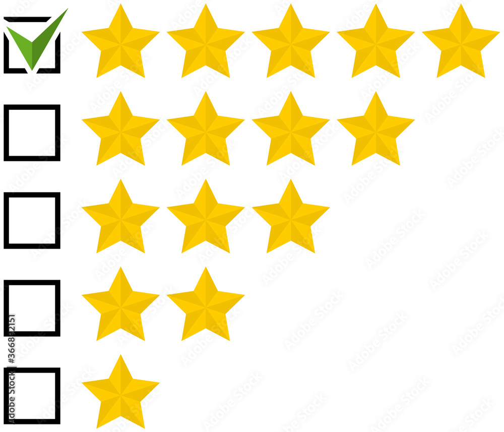 Set of flat star rating icons with checkbox isolated on a white background. EPS10 vector file Set of flat star rating icons with checkbox isolated on a white background. EPS10 vector file