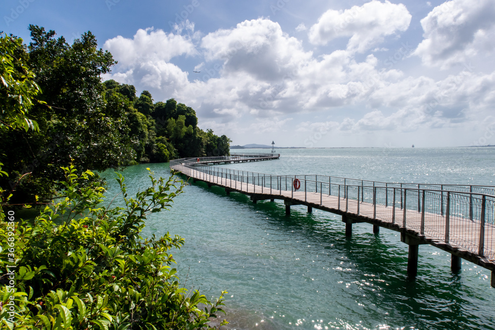 Chek Jawa Broadwalk Jetty, wooden platform in mangrove forest wetlands overlooking sea on Pulau Ubin Island, Singapore.