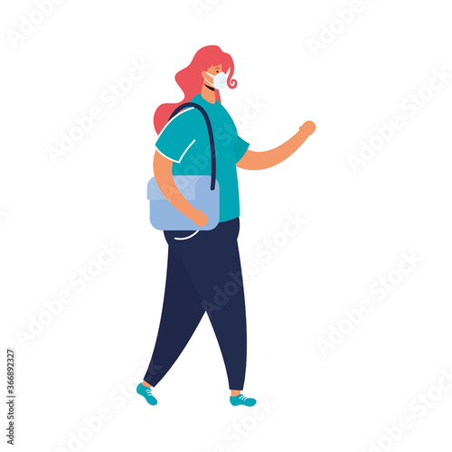 young woman wearing medical mask walking avatar character