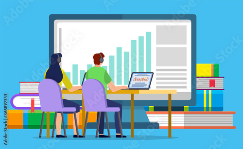 Distant education and online courses, students learning through laptop at home vector. Website on screen and graphics, Internet site and books pile. Online courses, graphs or charts illustration