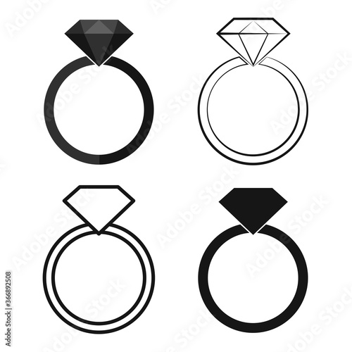 Diamond Engagement Ring Icon Set. Black / White