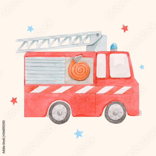 Beautiful vector image with cute watercolor toy fire engine. Stock illustration.