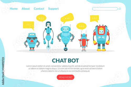 Chat Bot Landing Page Template, Cute Friendly Android Robots, Artificial Intelligence, Robotic Technology, Automation Concept Web Banner, Website, Homepage Vector Illustration