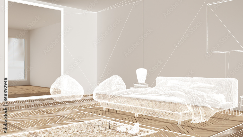 Empty white interior with white walls and herringbone parquet wooden floor, custom architecture design project, white ink sketch, blueprint showing modern bedroom, architecture idea