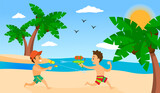 Kids playing on the beach. Summer holiday, cheerful cute children playing with water pistols under palm trees on happy vacation on a background of bright blue sky and beautiful ocean. Fun at the beach