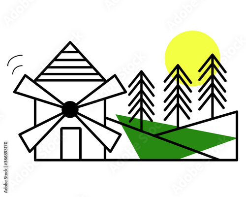 Line icon. Mill and forest on a white background. Vector illustration in a modern flat linear style. 