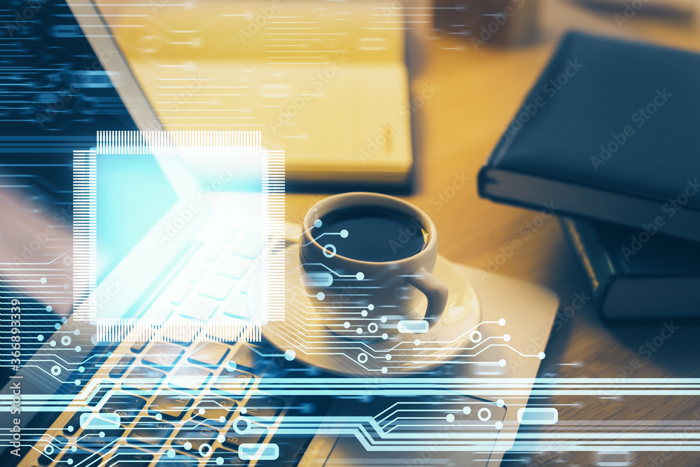 Double exposure of desktop computer and technology theme hologram. Concept of software development. Double exposure of desktop computer and technology theme hologram. Concept of software development.