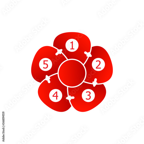 Infographic flower chart for five steps. Vector red diagram with numbers and arrows for presentation some process in 5 stages, options, cycle or strategy