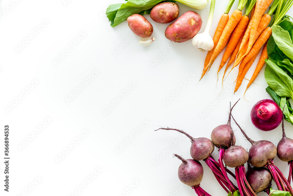 Healthy food. Vegetables - carrot, beet, potato - top view frame copy space